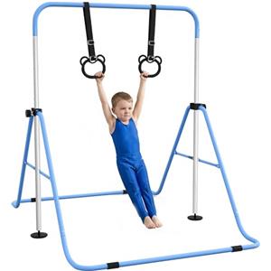 HOMCOM Sbarra Ginnastica Artistica da Casa Pieghevole per Bambini 3+ Anni, Attrezzatura da Allenamento ad Altezza Regolabile con 2 Anelli e Tappetini Antiscivolo, Blu