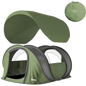 Outsunny Tenda da Campeggio Pop Up 4 Persone, Tenda Familiare con 2 Porte, 2 Finestre e Impermeabile 3000mm, Portatile con Borsa, per Pesca, Escursionismo e Festival, Verde
