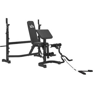 HOMCOM Panca Palestra Multifunzione Regolabile con Rack Bilanciere, Pad per Gomiti e Schienale, Panca Pesi Inclinabile Piana con Leg Extension, Low Row, Arm Curl, Addominali, Allenamento Palestra Casa