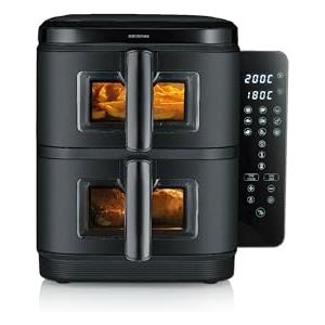 Severin Friggitrice ad Aria Duo Stack, 2 Cestelli da 5,5L, Design Verticale Salvaspazio, 9 Programmi Automatici, Sync Cook & Finish, Cottura Senza Olio, S-Fry, 2800W, Nero, FR 9598