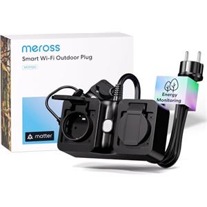 Meross Presa Smart Esterna Matter Simple Setup con Monitoraggio Consumi, Presa WiFi Esterno Impermeabile IP44 Compatibile con HomeKit, Amazon Alexa, Google Home, Cavo di 1,5M