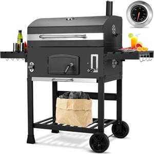 LIFERUN Barbecue Carbonella XXL, Barbecue a Carbonella con Camino e Coperchio, Griglia per Barbecue con Ruote e Termometro, Altezza Regolabile, Grande BBQ Smoker per Giardino
