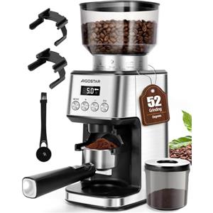 Aigostar Macina Caffe' Elettrico a Cono, 52 Impostazioni di Macinatura, Macinacaffè Elettrico per Caffè Espresso, Macina Caffè Professionale con Display Digitale Preciso, Acciaio Inossidabile, Argento