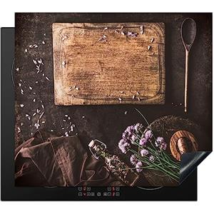KitchenYeah© Protezione Piano Cottura Tappetino per Induzione 59x51 cm Cucina Proteggi Coprifornello Antiscivolo Tagliere - Erbe - Cucchiaio - Cucina - Rustico - Mortaio - Erba cipollina