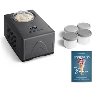 Springlane Kitchen SPRINGLANE Emma Gelatiera 1,5 L con compressore automatico da 150 W, in acciaio inox con contenitore per ghiaccio rimovibile, incluso ricettario (antracite, Emma antracite + 4 contenitori per ghiaccio