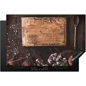 KitchenYeah© Protezione Piano Cottura Tappetino per Induzione 80x52 cm Cucina Proteggi Coprifornello Antiscivolo Tagliere - Erbe - Cucchiaio - Cucina - Rustico - Mortaio - Erba cipollina
