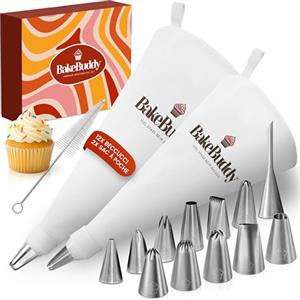 BakeBuddy Sac à Poche Professionale (Set da 17) - 2 Sac à Poche Riutilizzabili in Cotone (35 & 40 cm) con Grandi Bocchette in Acciaio Inox | Per Torte e Cupcake | Lavabile in Lavastoviglie