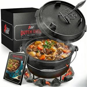 Amandi Taste of Fire [L'Originale] - Set Pentola Olandese in Ghisa da 7,4 Litri con Piedini & Coperchio da 1,8 Litri a Doppia Funzione Utilizzabile come Griglia (10,8 litri incl. supporto per pentola)