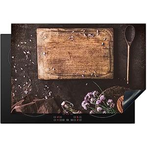 KitchenYeah© Protezione Piano Cottura Tappetino per Induzione 77x51 cm Cucina Proteggi Coprifornello Antiscivolo Tagliere - Erbe - Cucchiaio - Cucina - Rustico - Mortaio - Erba cipollina