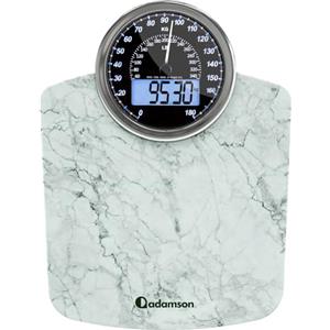 Adamson Bilancia Pesapersone Ibrida - Digitale & Analogica 2-in-1 - Fino a 180 kg - Ampio Display con Retroilluminazione - Robusto Vetro Temperato - Lettura Facile - NUOVO - Marmo Bianco