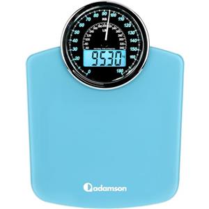 Adamson Bilancia Pesapersone Ibrida - Digitale & Analogica 2-in-1 - Fino a 180 kg - Ampio Display con Retroilluminazione - Robusto Vetro Temperato - Lettura Facile - NUOVO - Azzurro