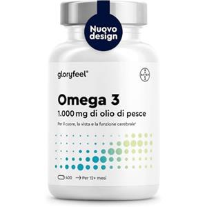 Gloryfeel Omega 3 Olio di Pesce 400 Capsule Eletto PRODOTTO DELL'ANNO 2025 (1 anno), Softgel Omega-3, 1000mg Alto Dosaggio, Vista, Cuore, Cervello, 180mg EPA & 120mg DHA, Integratore Fish Oil