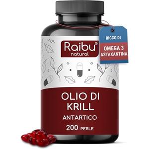 RAIBU Olio di Krill Puro Antartico - Ricco di Omega 3 (EPA & DHA), 6 e 9 + Astaxantina + Fosfolipidi - 200 Perle (oltre 3 mesi di fornitura) - 1.200 mg di Olio di Krill - Senza Retrogusto di Pesce