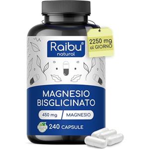 RAIBU Magnesio Bisglicinato - 450mg di Magnesio(Magnesium) Elementare/Dose giornaliera - 240 Capsule (fino a 4 mesi), Forma Chelata - Integratore Stanchezza Fisica e Mentale - Altamente Digeribile, Vegano
