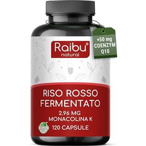 RAIBU Riso Rosso FERMENTATO, 50mg di Coenzima Q10 e 2,96mg di Monacolina per capsula - Colesterolo,Supporto Cardiovascolare - Integratore di Riso Rosso (Red Yeast Rice) - Testato per citrinina, 120 Capsule