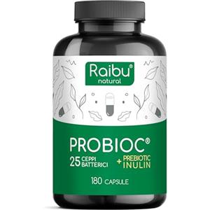 RAIBU Probiotici Fermenti Lattici per Intestino - 180 Capsule, 25 Ceppi Batterici con Inulina, 60 Miliardi UFC - Resistenti ai Succhi Gastrici, Alta Dosaggio & Inclusi Lactobacillus e Bifidobatteri - Raibu