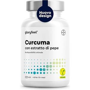 Gloryfeel Curcuma e Piperina Plus, 400 Capsule (13 Mesi di Scorta), Curcumina e Piperina, 700mg di Pura Curcuma contenente Curcumina, Curcuma Integratore, Vegano, senza Additivi Artificiali