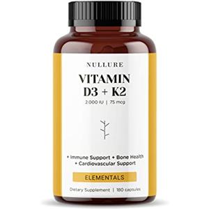 Nullure Vitamina D3 K2 (MK7) Naturale | 2000 UI | Formulazione giornaliera di facile assimilazione | Sistema Immunitario · Cardiovascolare · Ossa · Denti · Muscoli |180 capsule (6 mesi)