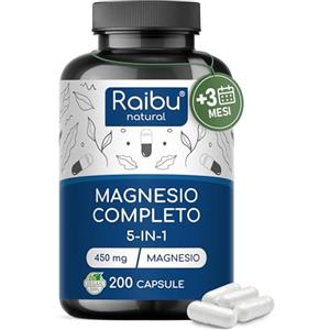 RAIBU Magnesio Completo - Complex 5 in 1: Bisglicinato, Citrato, Malato, Carbonato e Ossido - 450 mg di magnesio elementare - Stanchezza e Fatica* - 200 Capsule, Senza OGM, vegano, ad alto dosaggio