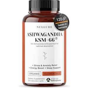 Nullure Bio Ashwagandha KSM-66 - Organica + BioPerine | Testato in Germania | 600 mg | 5% Withanolidi | Vegano | Abassare il Cortisolo · Equilibrio · Vitalità | 120 capsule (2 mesi)