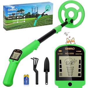 OMMO Metal Detector per Bambini, Stelo Regolabile da 70-96 cm, Metal Detector Leggero per Bambini con Bobina Impermeabile da 6", Gold Detector per Principianti, Pala, Rastrello, Verde