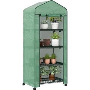 Outsunny Serra da Balcone a 4 Livelli con Porta Avvolgibile e 4 Rotelle, Serra per Orto con Struttura in Acciaio e Copertura in PE per Orto, Verdure, Fiori e Frutta, 69x50x165 cm Verde