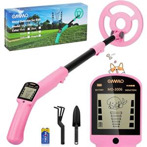 OMMO Metal Detector per Bambini, Stelo Regolabile da 70-96 cm, Metal Detector Leggero per Bambini con Bobina Impermeabile da 6", Gold Detector per Principianti, Pala, Rastrello, Rosa