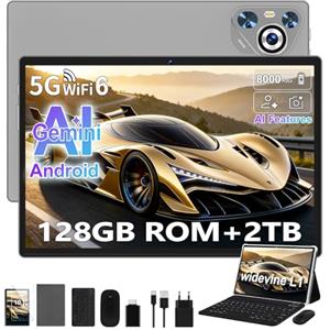 Dghrti Tablet Android, 10" FHD IPS, 128GB ROM + Espandibile 1TB TF,Octa-Core, Gemini AI, 8000mAh, WiFi 5G, Widevine L1, 5MP+8MP, Tablet con Tastiera, Mouse e Custodia Protettiva Inclusi (Grigio)