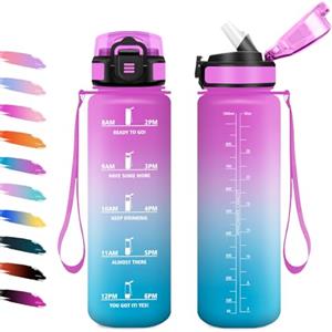 KollyKolla Borraccia 1L, Bottiglia Sportiva con Cannuccia, a Prova di Perdite, Bottiglia Acqua Sportiva con Indicatore del Tempo, Motivazionale Borraccia per Yoga, Escursionismo, Campeggio, Ciclismo, Lavoro