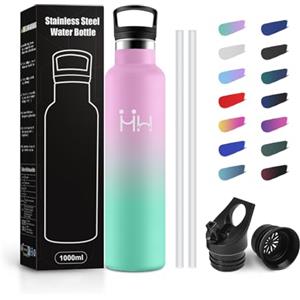 JAPORIA Borraccia Acciaio Inox 1 Litro, Bottiglia senza BPA, Acciaio Inossidabile con Cannuccia, a Prova di Perdite, Borracce per Ufficio, Ciclismo, Palestra, Scuola