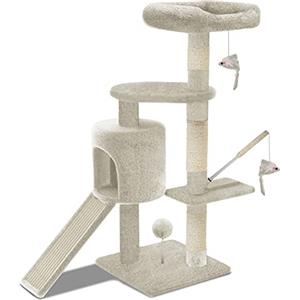 VOUNOT® Tiragraffi per Gatti, Albero Tiragraffi Gatto di Naturali Sisal con Cuccia Graffiatoio, 112cm, Beige