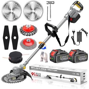 SUAIIOLK Tagliabordi a Batteria 21V, Decespugliatore a Batteria Brushless Decespugliatore Elettrico con Spazzola per Erbacc con 2 Batterie 4,0Ah per Giardino Potatura, Grey