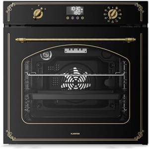 Klarstein Victoria Pyro Forno da Incasso 60 cm - 76L, 11 Funzioni, Pirolitico, Classe A, Design Retrò, Forno Elettrico Ventilato, Pulizia Facile, Manopole Dorate, Nero