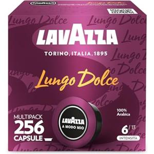 Lavazza A Modo Mio Lungo Dolce, 256 Capsule di Caffè, per un Espresso con Note Aromatiche di Frutta Secca e Fiori, 100% Arabica, Intensità 6/13, Tostatura Media, 16 Confezioni da 16 Capsule