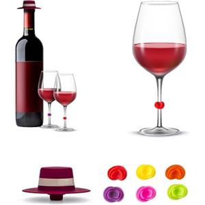 Avilia Set Tappo in Silicone per Bottiglia di Vetro di Vino o Champagne con 6 Segna Calici in Legno Colorati - Ideale per Feste Divertenti e Occassioni Speciali - Ottimo Anche Come Idea Regalo