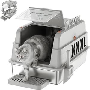 JUMMICO Lettiera Gatto Acciaio Inox XXXL 120L,Lettiera Acciaio Inox 3 in 1 (Aperta/Semi-Chiusa/Chiusa) con Coperchio 150°,Antigraffio Antiperdite,Pedaletta Antisabbia,Ideale per Famiglie con Più Gatti