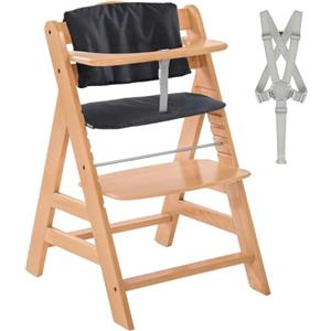 hauck Seggiolone Alpha Plus - Seggiolone Pappa in Legno Evolutivo con Imbracatura a 5 punti, Barra di Protezione e Cuscino Premium - (Legno/Charcoal)