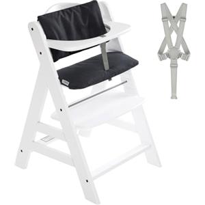 hauck Seggiolone Alpha Plus - Seggiolone Pappa in Legno Evolutivo con Imbracatura a 5 punti, Barra di Protezione e Cuscino Premium - (Bianco/Charcoal)