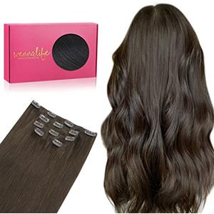 WENNALIFE Extension con clip in capelli veri, 75 g, 5 pezzi, 40 cm, colore marrone scuro chiaro