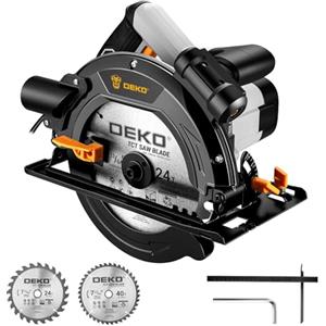 DEKOPRO Sega circolare per legno 1400W: DEKOPRO Sierra Circular con binario guida, 2 lame da sega Ø190mm (24T + 40T), 5500RPM, Profondità massima di taglio 65mm (90°), 43mm (45°), Ideale per Tagliare Legno