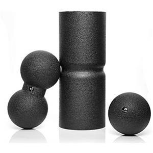 BODYMATE Kit per Allenamento Miofasciale Comprensivo di Foam Roller Care 35x14cm con Rientranza per Alleviamento della Pressione sulla Colonna Vertebrale, Palla 12cm e Duo-Ball 12x24cm Nero + E-Book