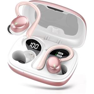 IKG Cuffie Bluetooth Sport, Cuffie senza fili Bluetooth 5.3 con microfono HD, cuffie in-ear con 4 ENC Clear Mic, 72 ore, cuffie senza fili con bassi profondi, IPX7, impermeabili, con gancio, rosa