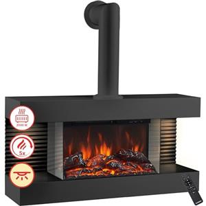 KAMINIO Camino elettrico LIZ - Caminetto elettrico da parete con riscaldamento, effetto fiamma 3D, luce ambiente a LED, telecomando (Nero con tubo)