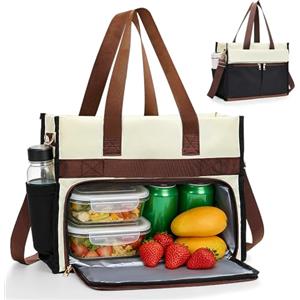 Aofesel Borsa Pranzo Donna, Borsa Tote Impermeabile con Scomparto Pranzo per Computer Portatile 15,6 Pollici, Tracolla e Tasche Laterali, per Lavoro, Viaggi e Picnic (Bicolore Nero e Bianco)