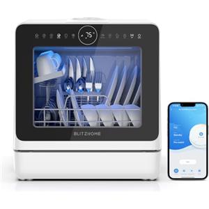 BLITZHOME Mini lavastoviglie BLITZHOME controllo smart app, 8 programmi, lavastoviglie da tavolo portatile, serbatoio dell'acqua da 5 l, utilizzabile con/senza collegamento acqua, asciutto, prenotazione