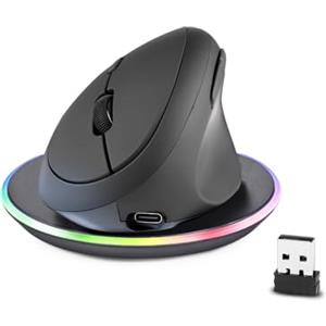 Perixx PERIMICE-719RX Mouse Verticale Wireless Ricaricabile per Destrimani con Base di Ricarica Wireless Inclusa, 6 Pulsanti, 1000/1600/2400/3200 DPI, 2.4 GHz - Nero