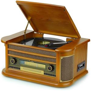 DLITIME Giradischi Vintage 10-in-1 con Bluetooth, Lettore CD/Cassetta, Radio AM/FM, USB/SD, 3 Velocità, Altoparlanti Stereo Integrati, Ingresso AUX & Uscita RCA, Telecomando