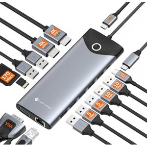 NOVOO Docking Station USB C Triple Display 15 in 1 Dual 4K@60Hz HDMI USB C Hub VGA Adattatore Gigabit Ethernet 100W PD,10Gbps USB A+C porte dati SD/TF Multiport Dock per MacBook HP Dell Lenovo Surface