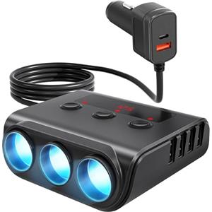 Funyord 9 in 1 Accendisigari 12 V/24 V, 3 prese caricatore accendisigari 180 W caricatore auto USB-C/QC 3.0/Type-C, con voltmetro LED e interruttore per tablet, telefono, GPS, Dash Cam