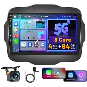 Hikity 8 Core 4G+64G Hikity Android Autoradio per Jeep Renegade 2016-2020 con Wireless Carplay Android Auto, 9 Pollici IPS Touch Screen con Navigatore GPS Bluetooth WiFi FM/RDS DSP Retrocamera